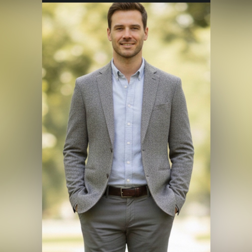 Hugo Boss Gray Tweed Textured Sport Jacket Blazer With Elbow Patches, Size M/L